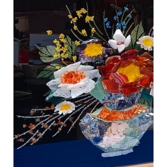 Framed Gemstone Mosaic Floral Flower Arrangement in Ornate Frame Wall Art - Picture 4 of 6